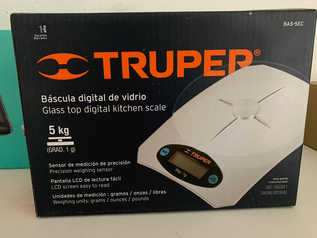 Báscula digital base de vidrio para cocina, capacidad 5kg